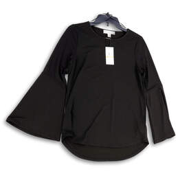 NWT Womens Black Keyhole Neck Hi-Low Hem Bell Sleeve Pullover Blouse Sz S