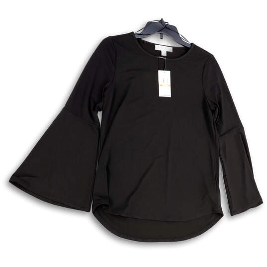 NWT Womens Black Keyhole Neck Hi-Low Hem Bell Sleeve Pullover Blouse Sz S image number 1