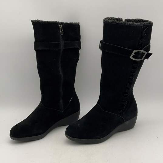 London Fog Womens Black Leather Ruffle Buckle Tall High Heel Winter Boots Sz 10 image number 1
