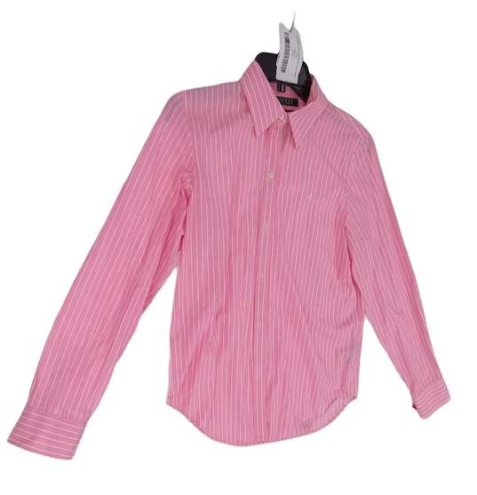 Mens Pink Full Sleeve Spread Collar White Strip Button Up Shirt Size Small image number 2