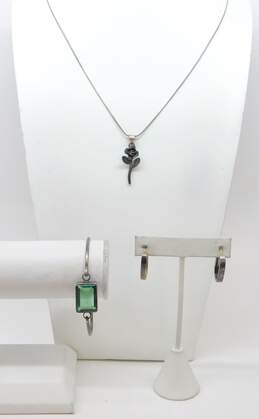 Artisan 925 Green Glass Bracelet, Floral Pendant Necklace & Hoop Earrings 23.3g