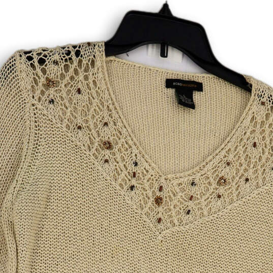 Womens Beige Crochet Beaded V-Neck Long Sleeve Pullover Sweater Size Large image number 3