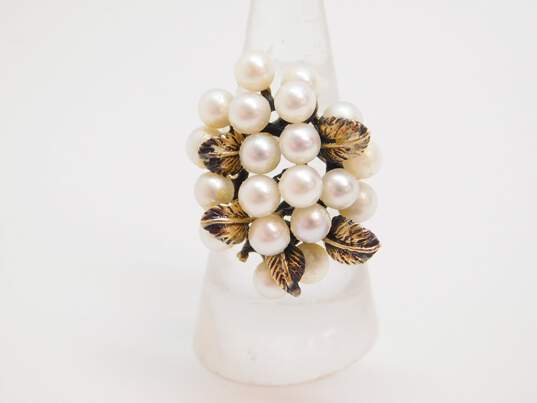 Vintage 14K Yellow Gold Pearl Cluster Floral Ring 9.8g image number 6