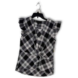 Womens White Black Plaid Front Knot Sleeveless Pullover Blouse Top Size M