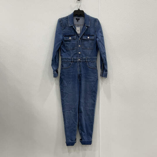 NWT Womens Blue Denim Long Sleeve Collared Pockets One-Piece Jumpsuit Sz 4 image number 1