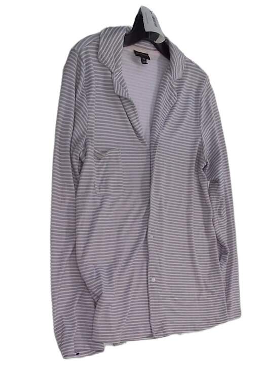 Womens Gray White Striped Long Sleeve Pocket Button Up Shirt Size M image number 3