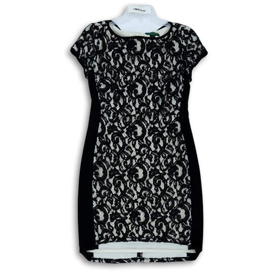 Womens Black Floral Lace Cap Sleeve Round Neck Short Sheath Dress Size 10 image number 1