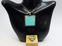 Artisan 925 Faux Turquoise Large Square Pendant Box Chain Necklace & Cabochon Braided & Scrolled Band Ring 19g