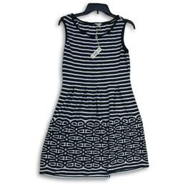 NWT Max Studio Womens Black White Striped Pleated Round Neck A-Line Dress Size M