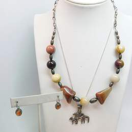 Rustic 925 Agate & Mookaite Oval Beaded & Moose Family Pendant Necklaces & Sunstone Cabochon Dotted Drop Earrings 68g