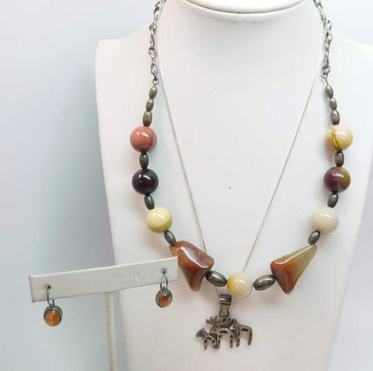 Rustic 925 Agate & Mookaite Oval Beaded & Moose Family Pendant Necklaces & Sunstone Cabochon Dotted Drop Earrings 68g image number 1