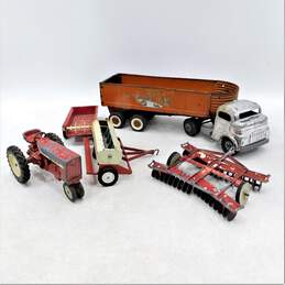 Vintage 1950s Structo Orange Pressed Steel Trailer Truck w/ ERTL Farm Plow Toys