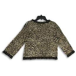 NWT Chico's Womens Brown Leopard Print Fringe Trim Cardigan Sweater Size 2 alternative image