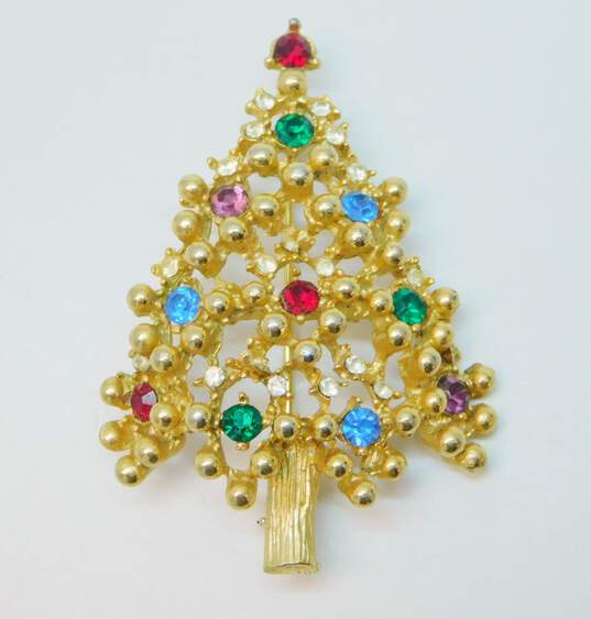 Vintage Eisenberg Ice Gold Tone Rhinestone Christmas Tree Brooch & Clip On Earrings 18.1g image number 2