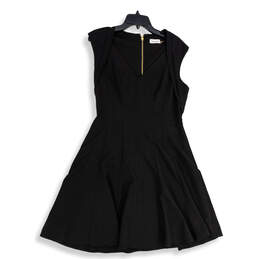 Womens Black Pleated Sleeveless V-Neck Back Zip Fit & Flare Dress Size 10