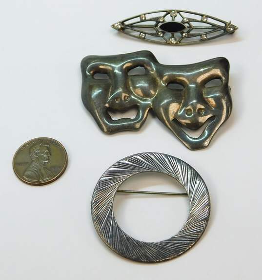 Artisan 925 Onyx & Rhinestones Art Deco Pointed Happy & Sad Drama Masks & Etched Open Circle Brooches Variety 25.1g image number 6
