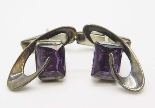 Vintage Enrique Ledesma Taxco Mexico 925 Modernist Purple Color Change Sapphire Faceted Rectangle Abstract Swirl Cuff Links 15.9g image number 1
