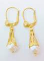 Vintage 14K Gold White Faux Pearl Brushed Textured Cone & Dome Drop Earrings 3.7g image number 3