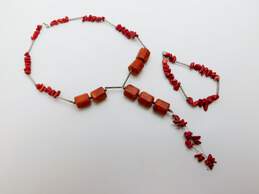 Artisan 925 Faux & Composite Coral & Bar Beaded Lariat Necklace & Matching Bracelet Set 56.2g