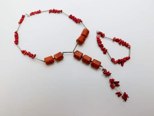 Artisan 925 Faux & Composite Coral & Bar Beaded Lariat Necklace & Matching Bracelet Set 56.2g image number 1
