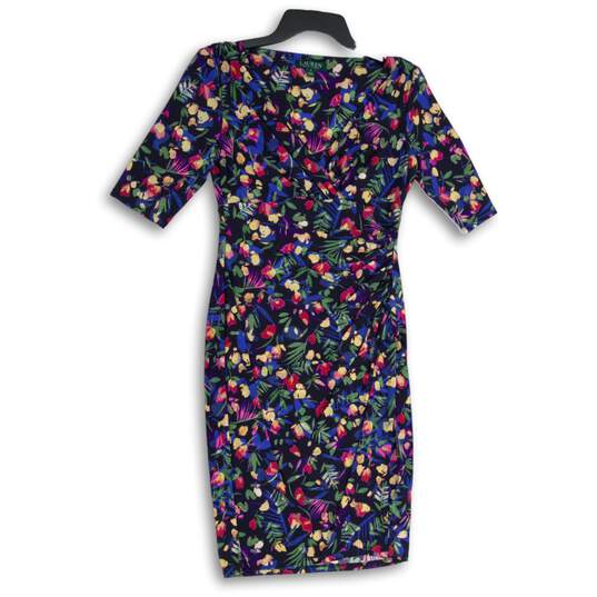 Womens Multicolor Floral Pleated V-Neck Short Sleeve Bodycon Dress Size 2 image number 1