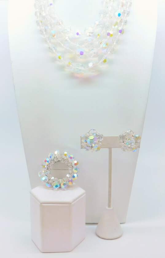 Vintage Icy Aurora Borealis Clip-On Earrings Necklaces & Brooch 152.1g image number 1