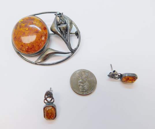 Artisan 925 Amber Celtic Knot Drop Post Earrings & Art Nouveau Flower Cabochon Oval Brooch 20.4g image number 4
