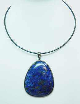 Artisan 925 Sterling Silver Lapis Lazuli Chunky Pendant On Collar Necklace 52.5g