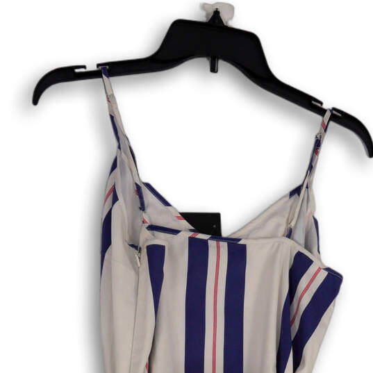 NWT Womens White Blue Striped V-Neck Spaghetti Strap Waist Tie Mini Dress 4 image number 4
