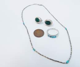 Taxco 925 Faux Turquoise Liquid Silver Necklace Malachite Earrings & Inlay Ring alternative image
