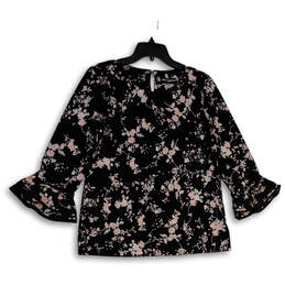 Womens Black Pink Floral Bell Sleeve Back Keyhole Blouse Top Size Medium