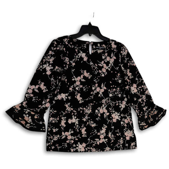 Womens Black Pink Floral Bell Sleeve Back Keyhole Blouse Top Size Medium image number 1