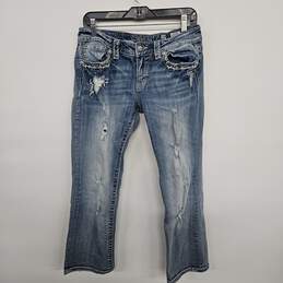 Blue Distressed Denim Cuffed Capri Jeans