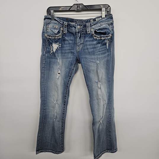 Blue Distressed Denim Cuffed Capri Jeans image number 1