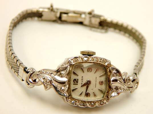 Ladies Vintage Gruen 14K White Gold Diamond Accent Case 17 Jewels Watch 14.0g image number 1