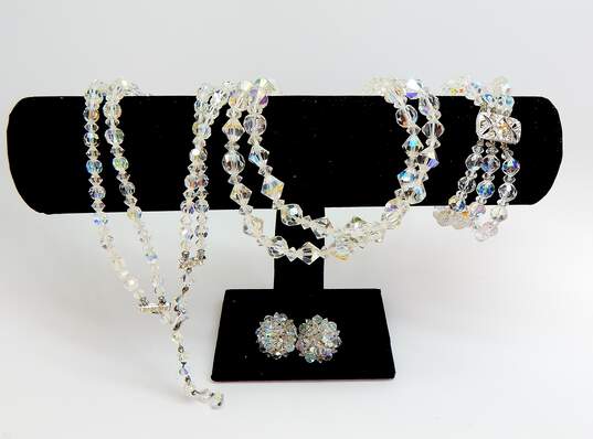 Vintage Aurora Borealis Crystal Multi Strand Necklaces Bracelet & Clip On Earrings 144.4g image number 2