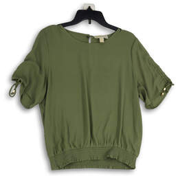 Womens Green Round Neck Short Sleeve Back Keyhole Blouse Top Size Large
