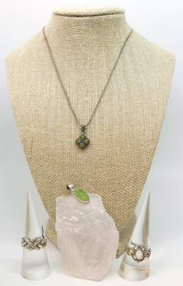 Irish 925 Faceted Peridot Rounded Cross & Connemara Marble Pendants Necklace & Shell Scrolled & Knot Band Rings 17.2g
