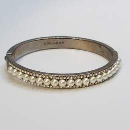 Givenchy Silver Tone Faux Pearl Crystal Hinge Bangle Bracelet 29.1g DAMAGED