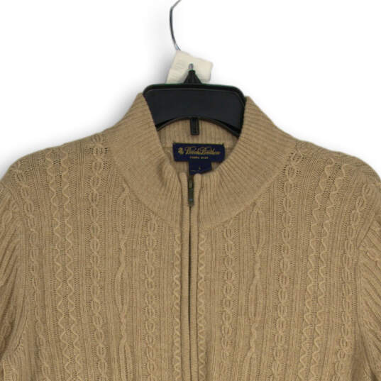 Mens Beige Knitted Ribbed Hem Long Sleeve Full-Zip Sweater Size Large image number 3