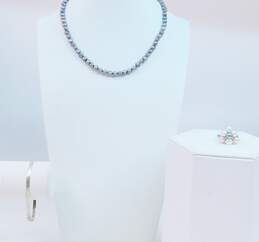 Artisan 925 Purple Agate Disc Chains Dark Pearls Beaded Lariat Toggle Necklace Cluster Ring & Herringbone Bracelet 36.4g