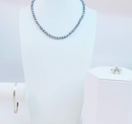Artisan 925 Purple Agate Disc Chains Dark Pearls Beaded Lariat Toggle Necklace Cluster Ring & Herringbone Bracelet 36.4g image number 1