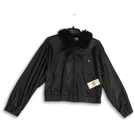 NWT Womens Black Long Sleeve Pockets Full-Zip Leather Jacket Size Medium image number 1