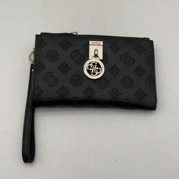 Womens Black Leather Signature Print Inner Card Slots Zip Wristlet Wallet