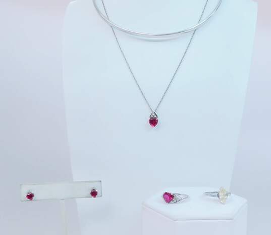 Contemporary 925 Ruby & Diamond Accent Chain & Collar Necklaces Heart Post Earrings & Matching & Yellow Cubic Zirconia Rings Set 20.7g image number 1