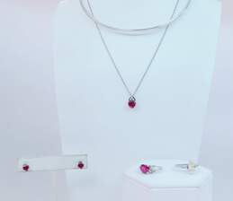 Contemporary 925 Ruby & Diamond Accent Chain & Collar Necklaces Heart Post Earrings & Matching & Yellow Cubic Zirconia Rings Set 20.7g
