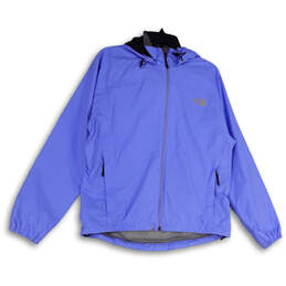 Womens Blue Hooded Long Sleeve Pockets Full-Zip Windbreaker Jacket Size L