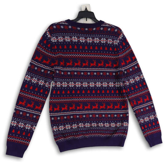Mens Blue Red Printed Knitted Crew Neck Long Sleeve Pullover Sweater Size M image number 2