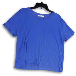 Womens Blue Round Neck Cap Sleeve Pullover Cropped T-Shirt Size Medium
