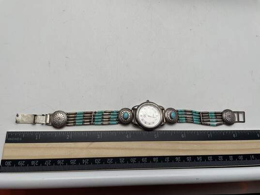 Womens 925 Sterling Silver Turquoise Ethnic Analog Wristwatch 29.6g image number 2